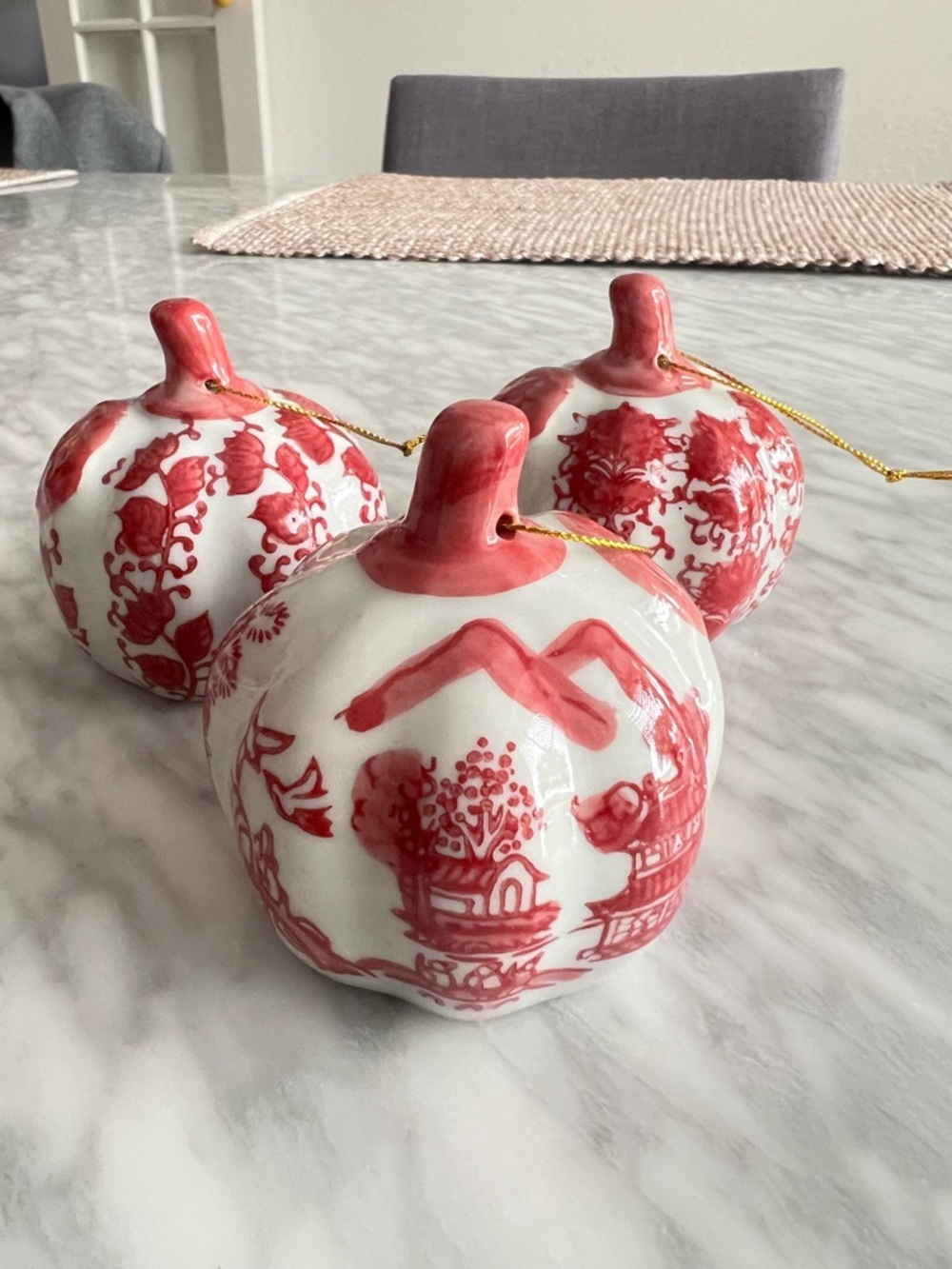 Asian Inspired Red & White Porcelain Ornaments - Set of 3